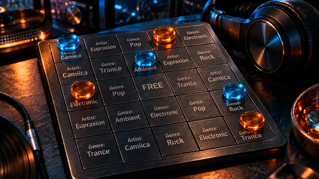 Music bingo board engraved with Artist: Camiica and Genre: Trance, with cyan and orange counters