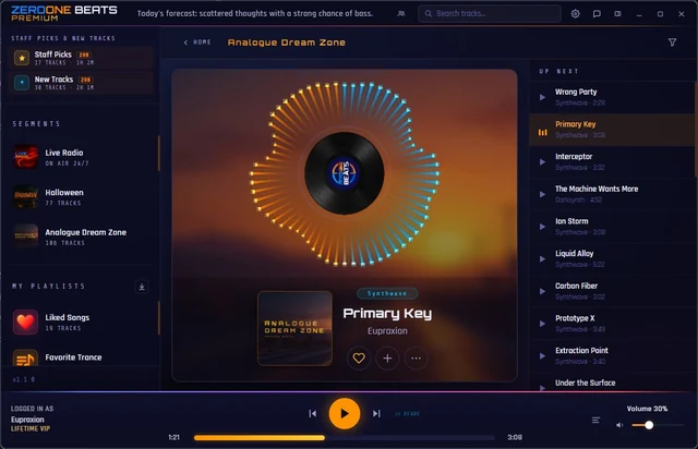 Premium player with track queue and playback controls