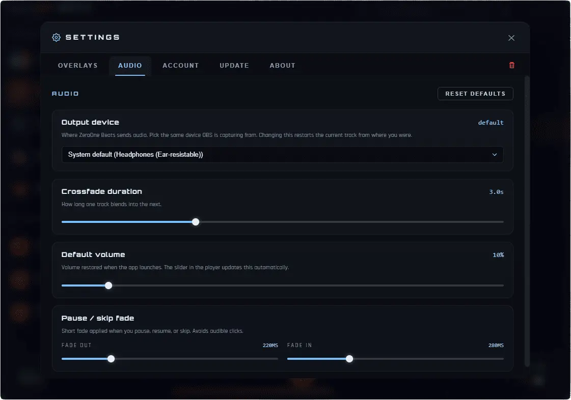ZOB Premium - audio output settings